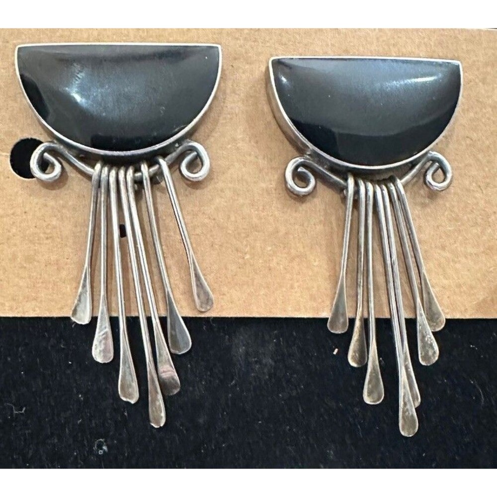 Modernist Taxco Mexico Fringed 925 Sterling Silver Onyx Western Huggie Earrings